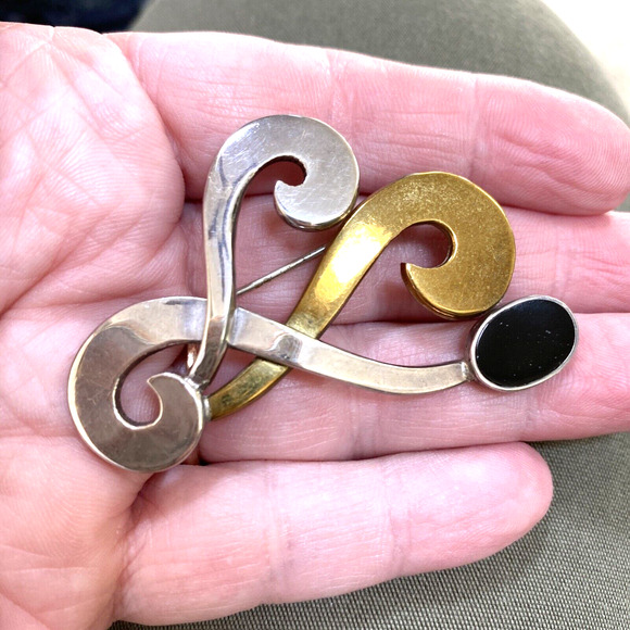 Sterling Silver 925 Black Onyx Inlay Modernist Brooch Signed Laton Mexico A-142 - Picture 3 of 6